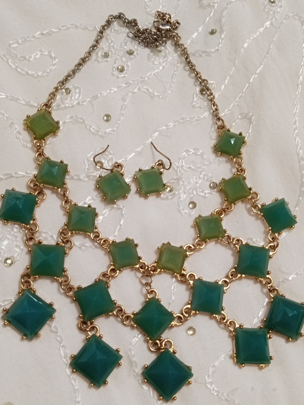 Vintage Gold-Tone Green Statement Bib Necklace & Earrings Set